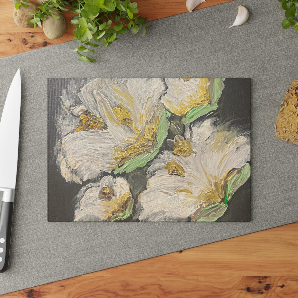 White Floral Painting Glass Cutting Board | Floral Kitchen Decor