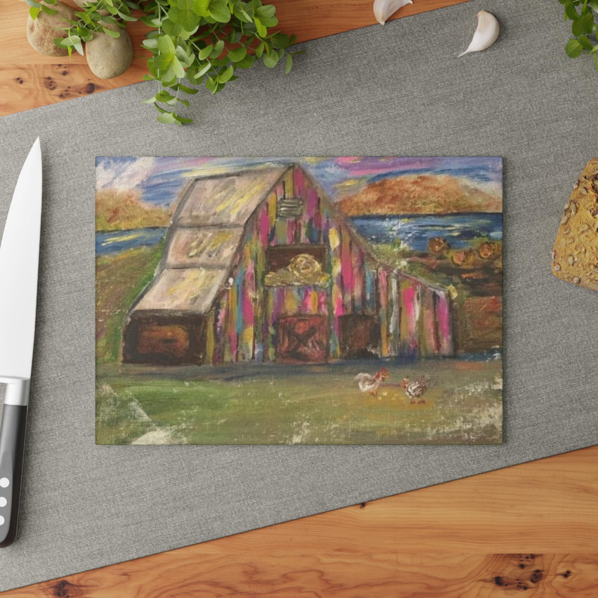 Colorful Barn Scene Glass Cutting Board | Farmhouse Kitchen Art, Pastel Landscape