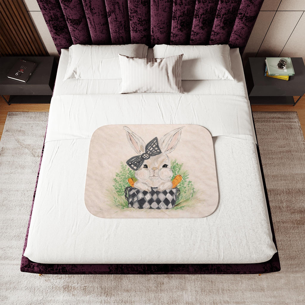Bunny with Carrots Sherpa Blanket | Cute Rabbit Illustration, Pastel Nursery Throw