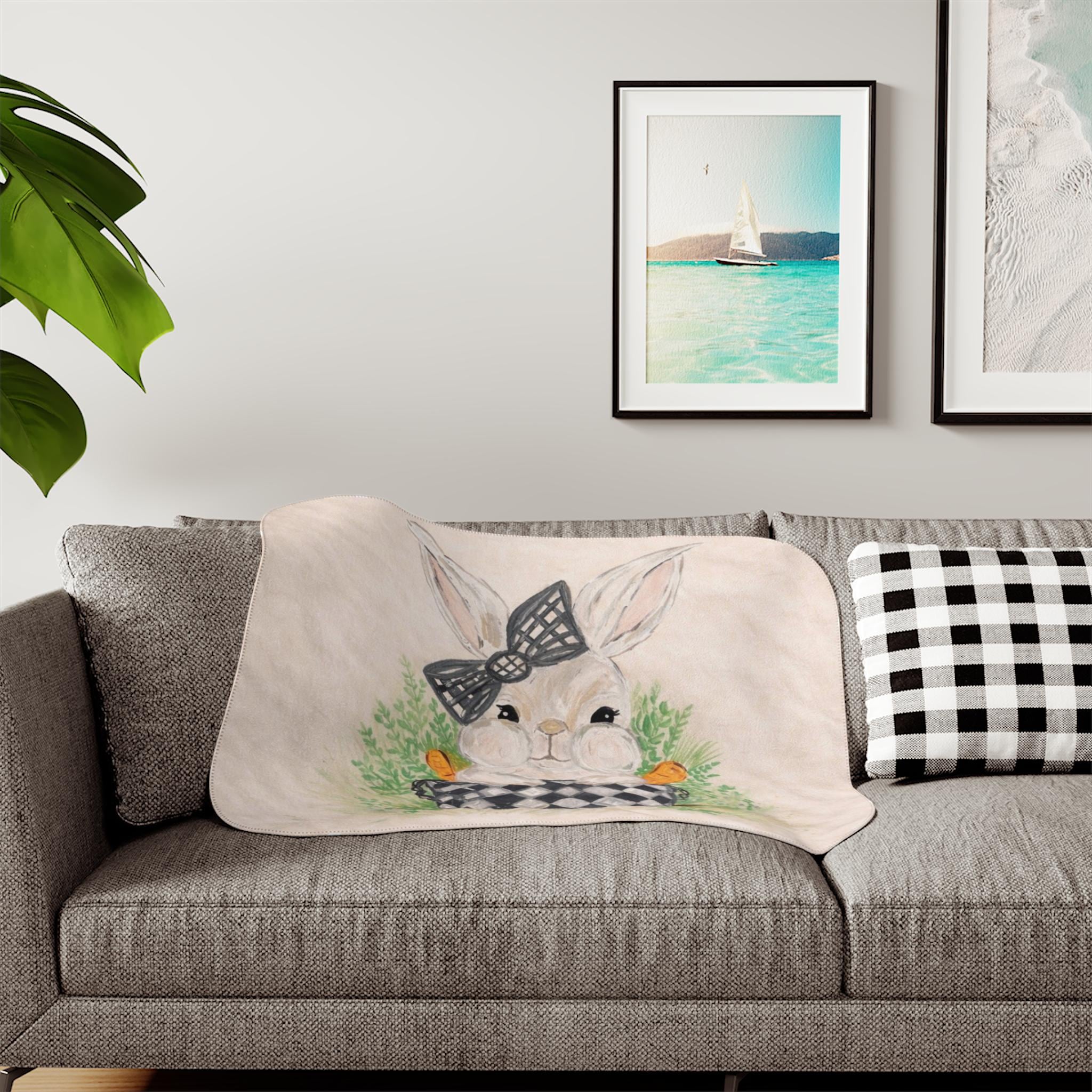 Bunny with Carrots Sherpa Blanket | Cute Rabbit Illustration, Pastel Nursery Throw