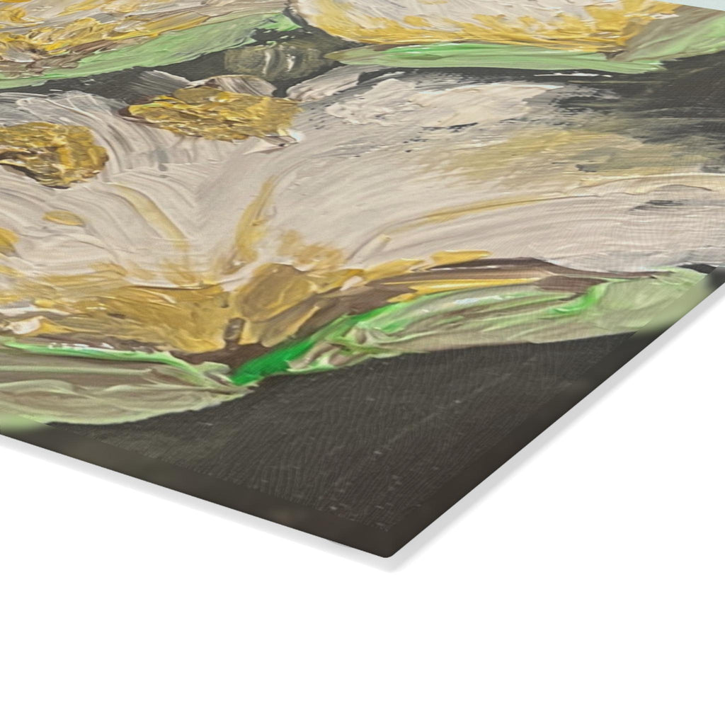 White Floral Painting Glass Cutting Board | Floral Kitchen Decor