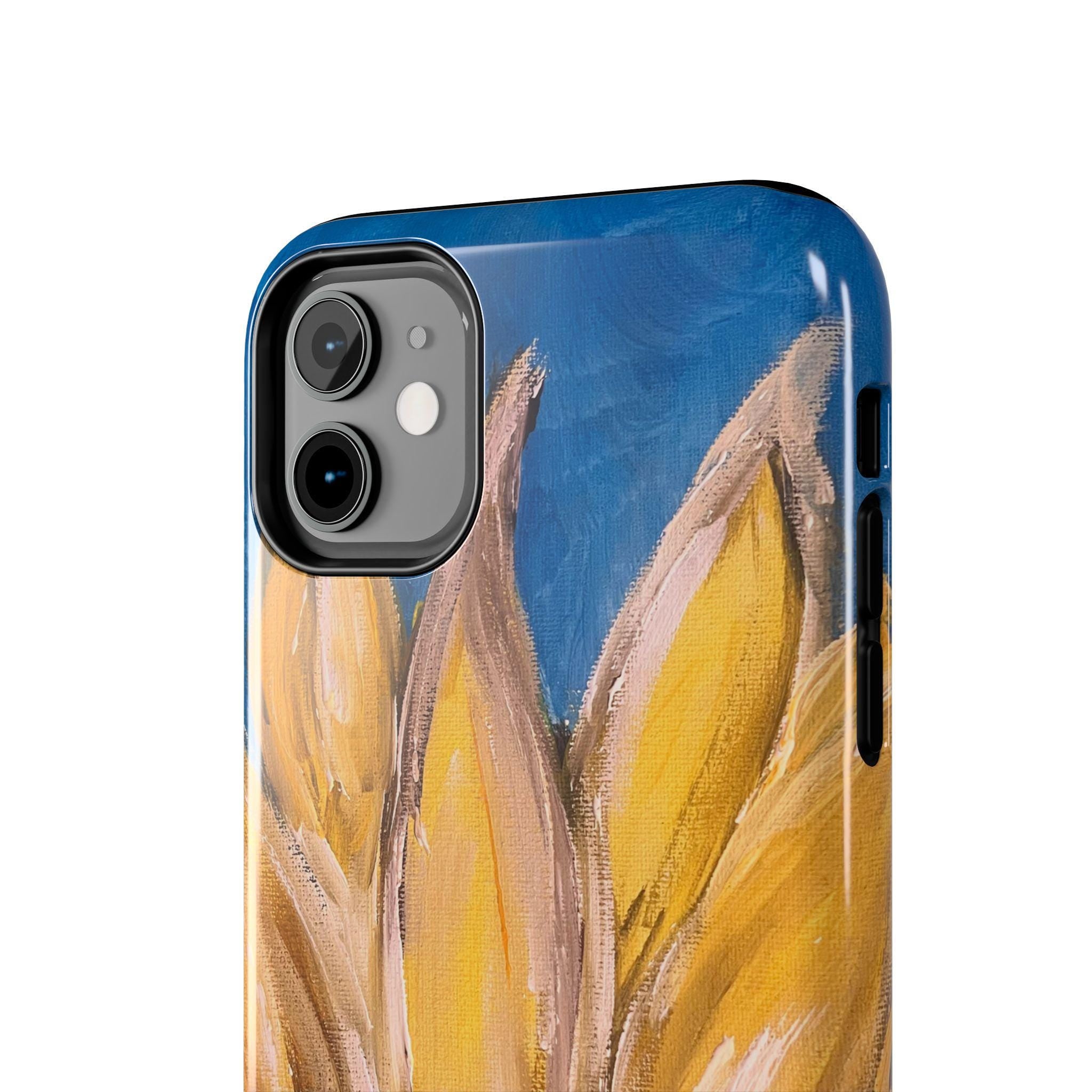Sunflower Petals Phone Case | Painted Floral iPhone Case, Bright Blue Background