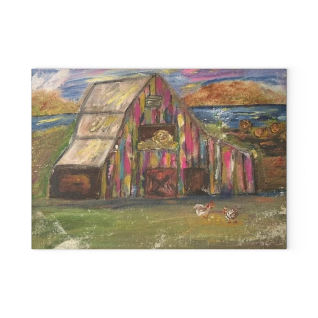 Colorful Barn Scene Glass Cutting Board | Farmhouse Kitchen Art, Pastel Landscape