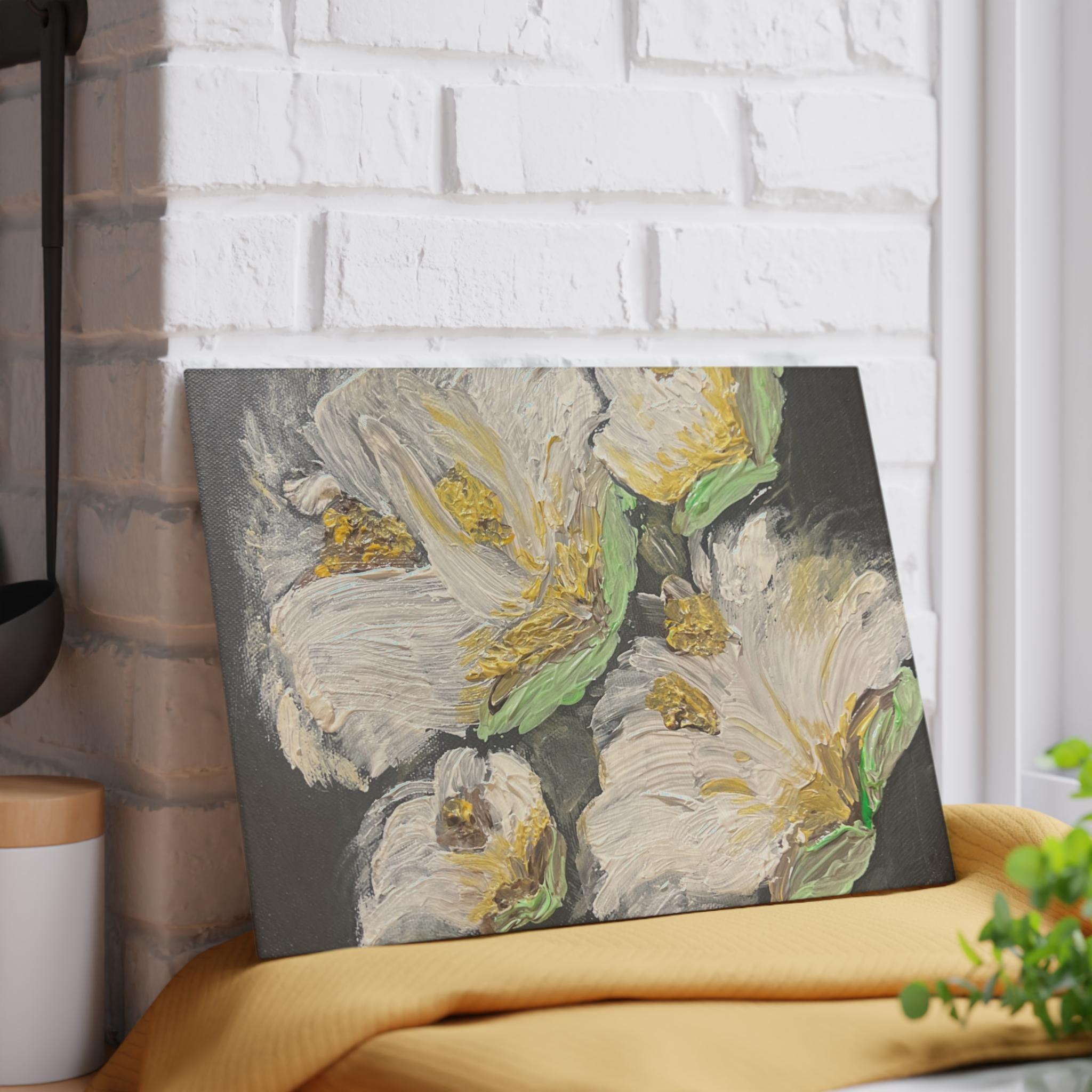 White Floral Painting Glass Cutting Board | Floral Kitchen Decor