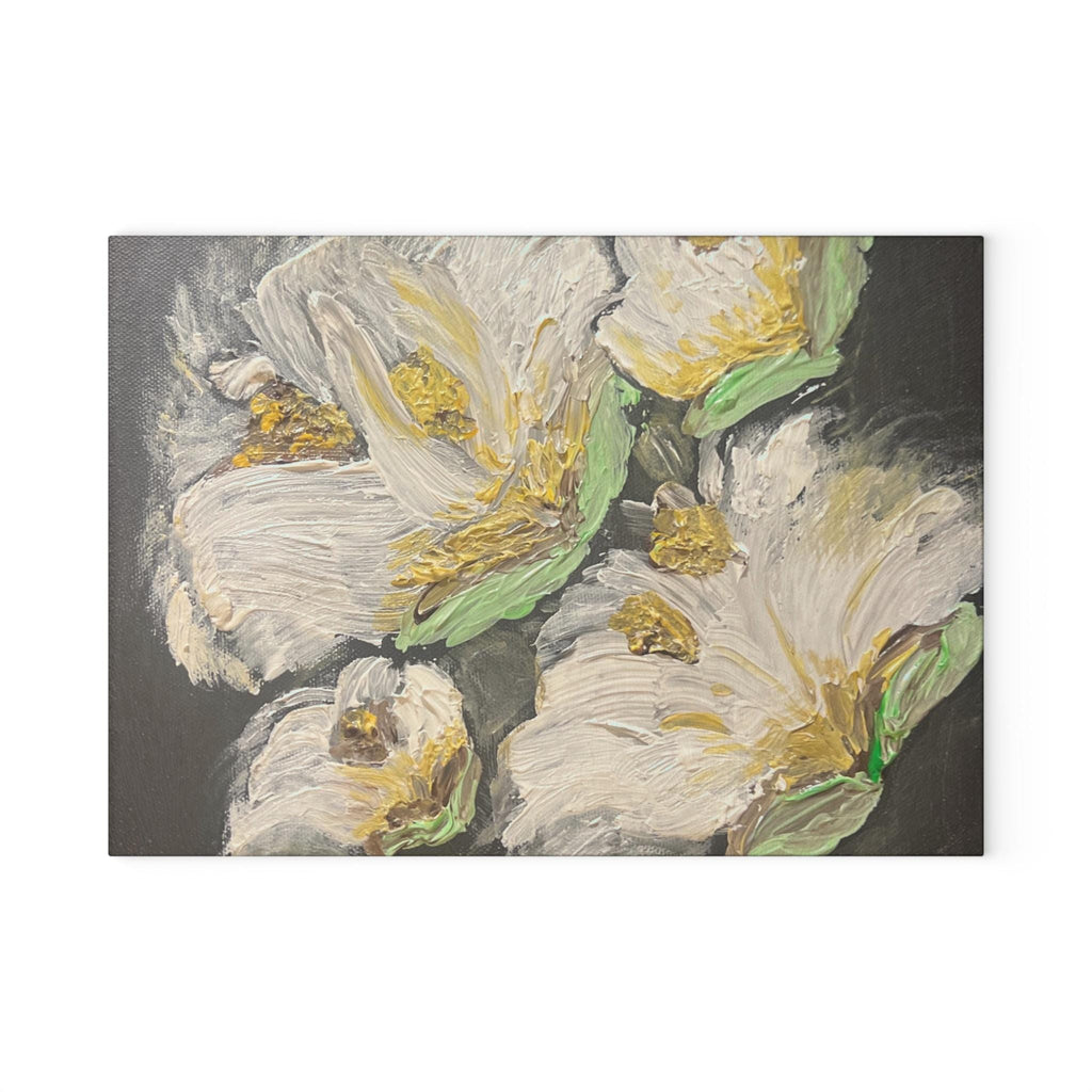 White Floral Painting Glass Cutting Board | Floral Kitchen Decor