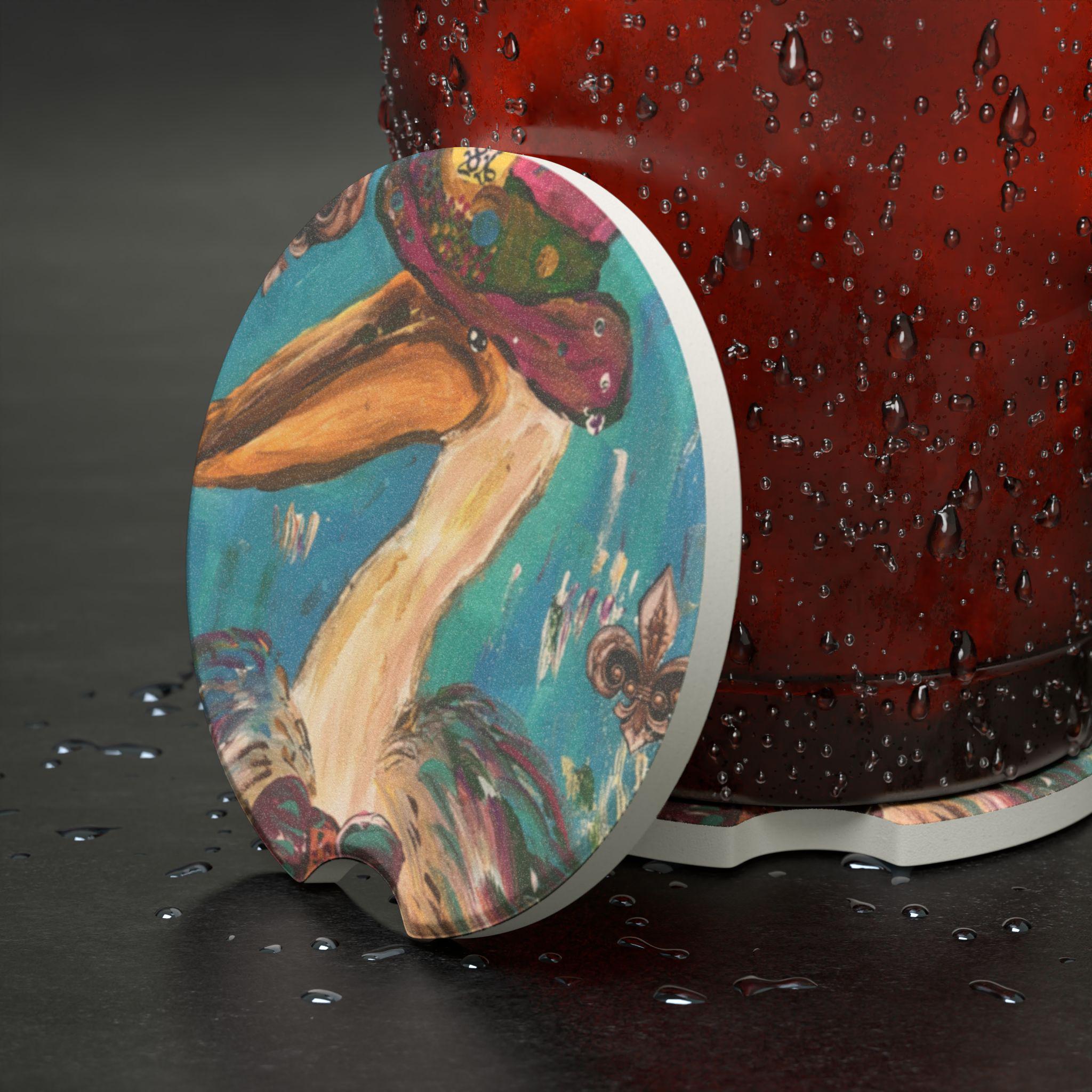 Pelican with Crown Car Coaster | Soapstone Round Drink Holder