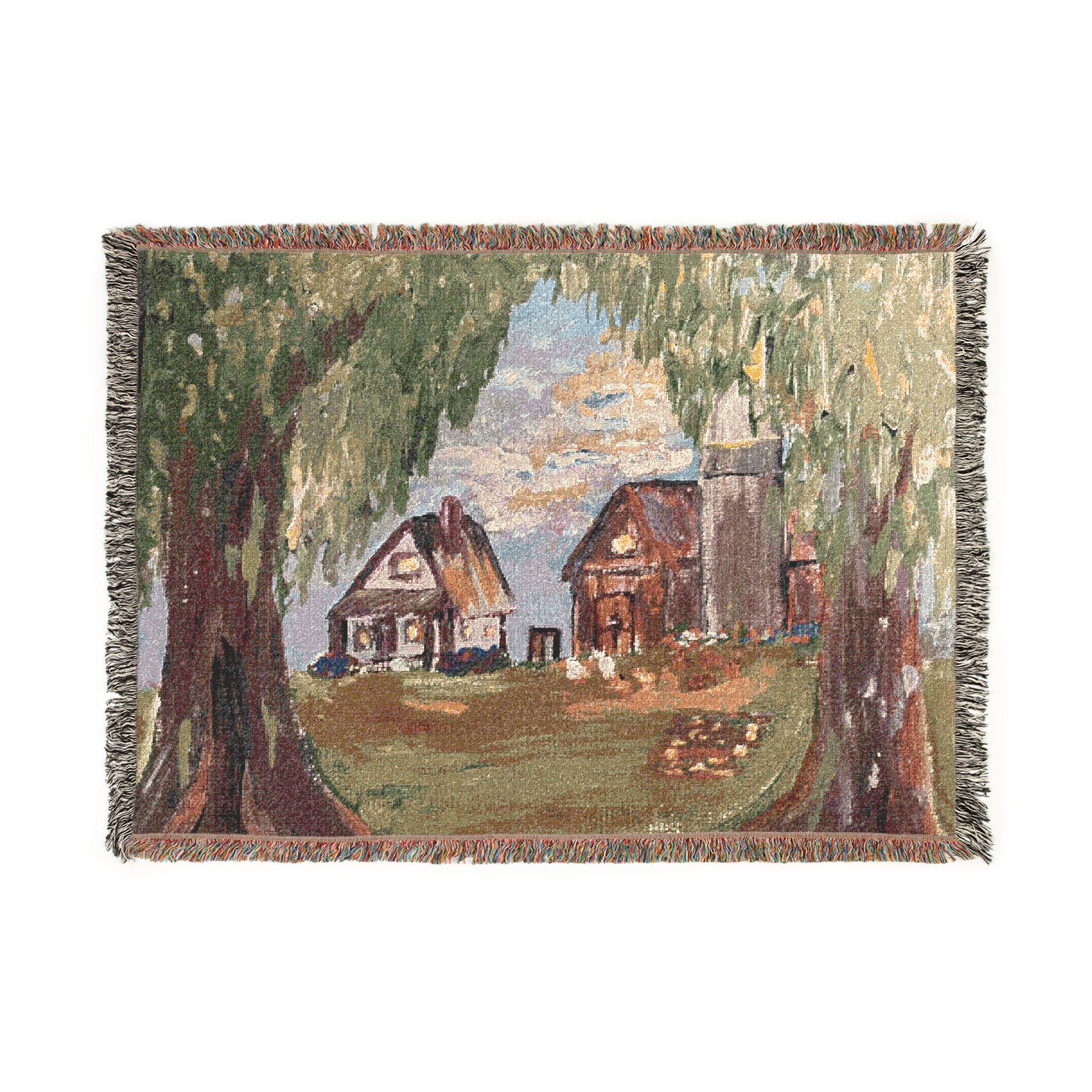 Country Cottage Landscape Woven Blanket | Rustic Village Tapestry Throw