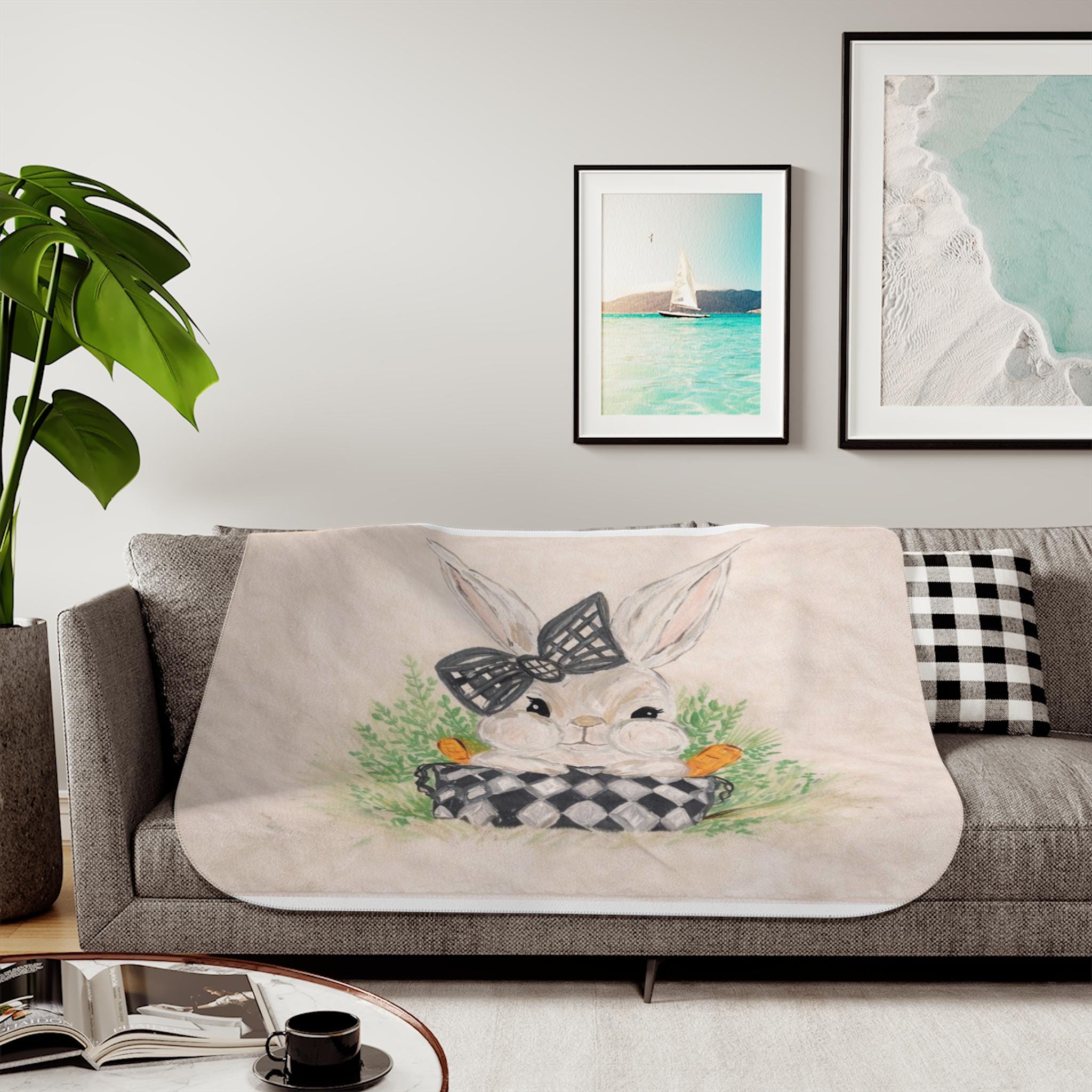 Bunny with Carrots Sherpa Blanket | Cute Rabbit Illustration, Pastel Nursery Throw