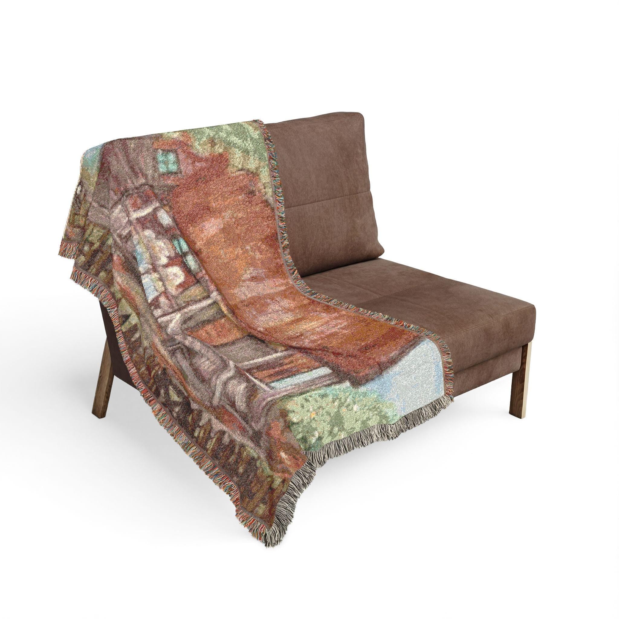 Cozy Cottage Illustration Woven Blanket | Rustic House Throw