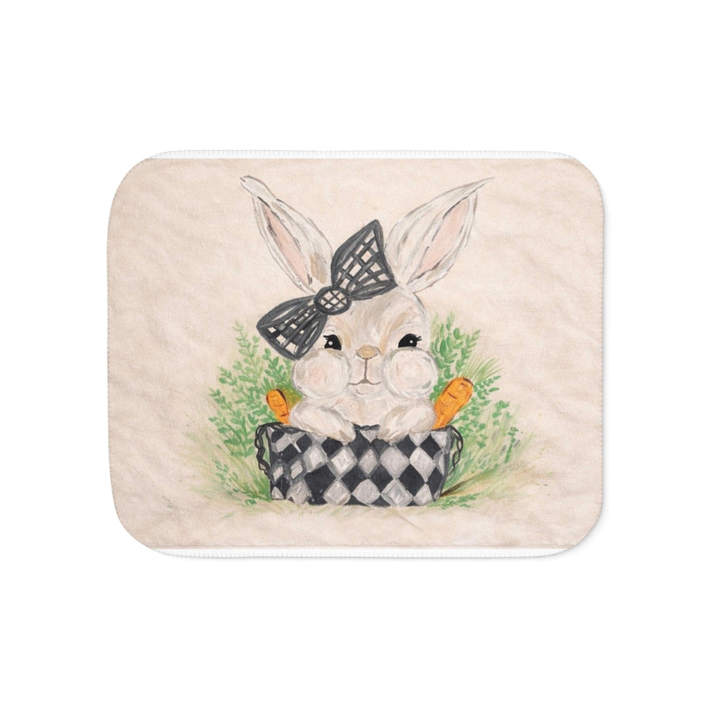 Bunny with Carrots Sherpa Blanket | Cute Rabbit Illustration, Pastel Nursery Throw