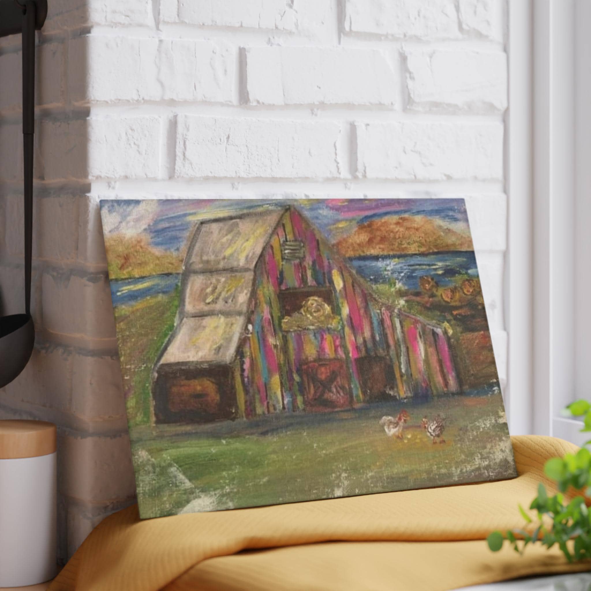Colorful Barn Scene Glass Cutting Board | Farmhouse Kitchen Art, Pastel Landscape