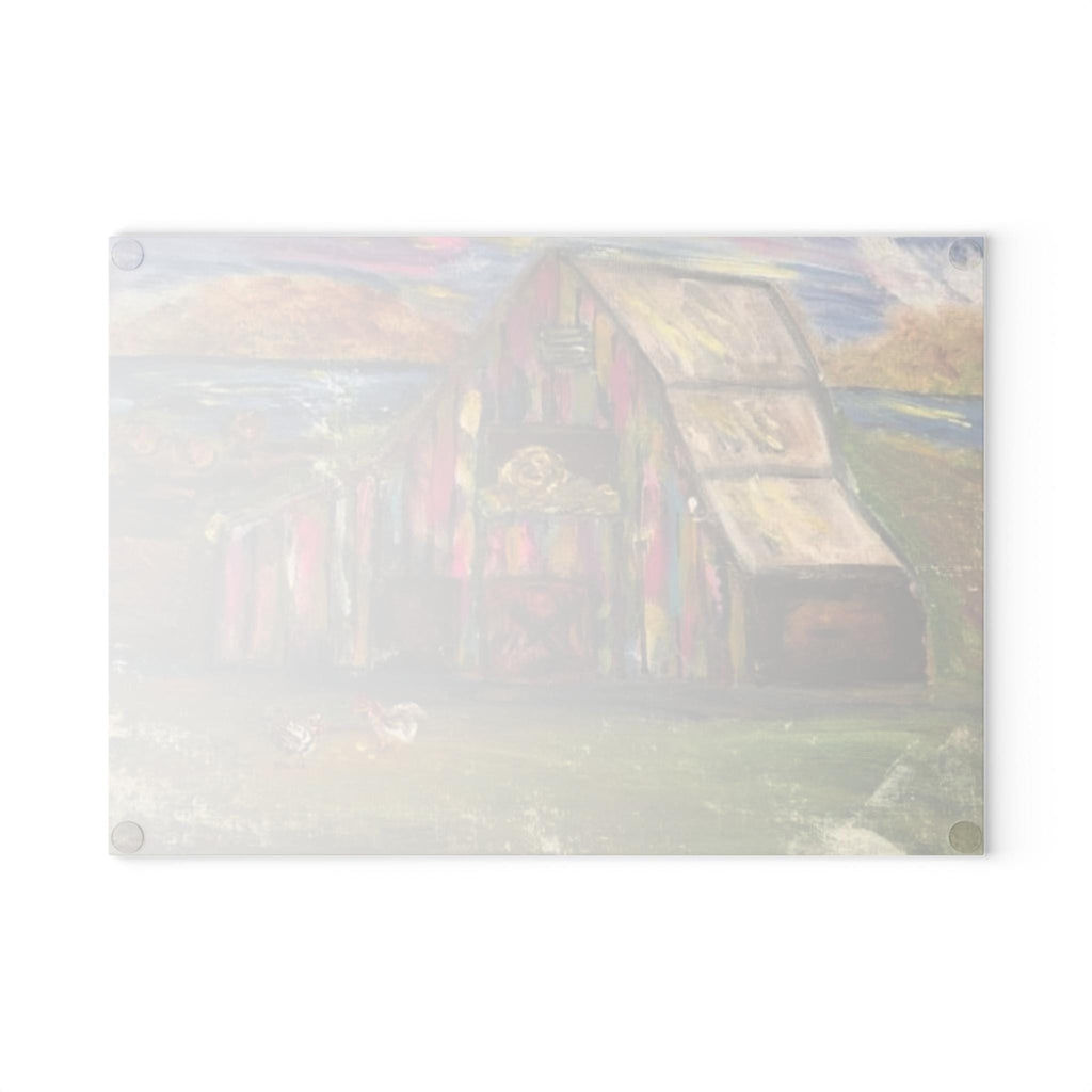 Colorful Barn Scene Glass Cutting Board | Farmhouse Kitchen Art, Pastel Landscape