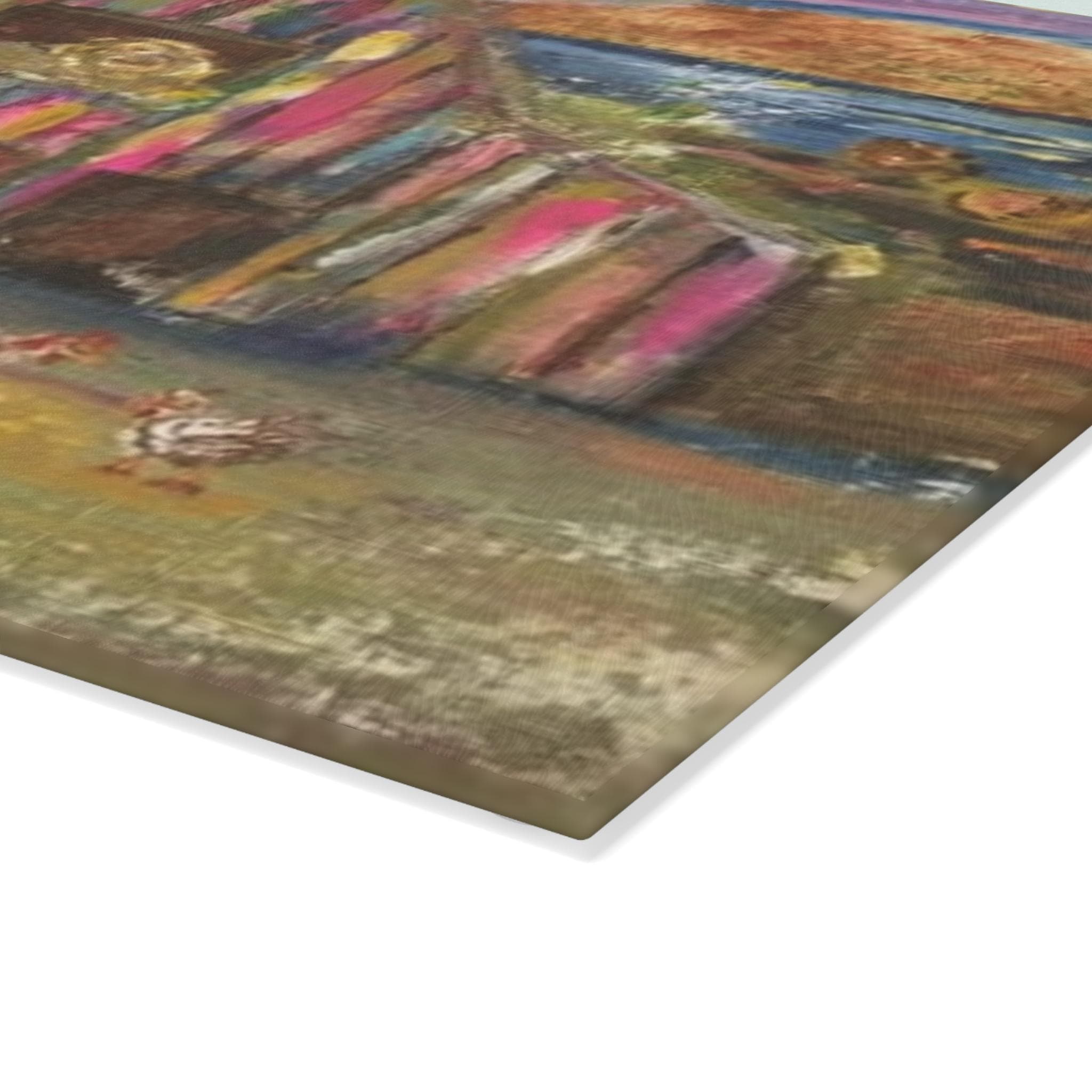 Colorful Barn Scene Glass Cutting Board | Farmhouse Kitchen Art, Pastel Landscape