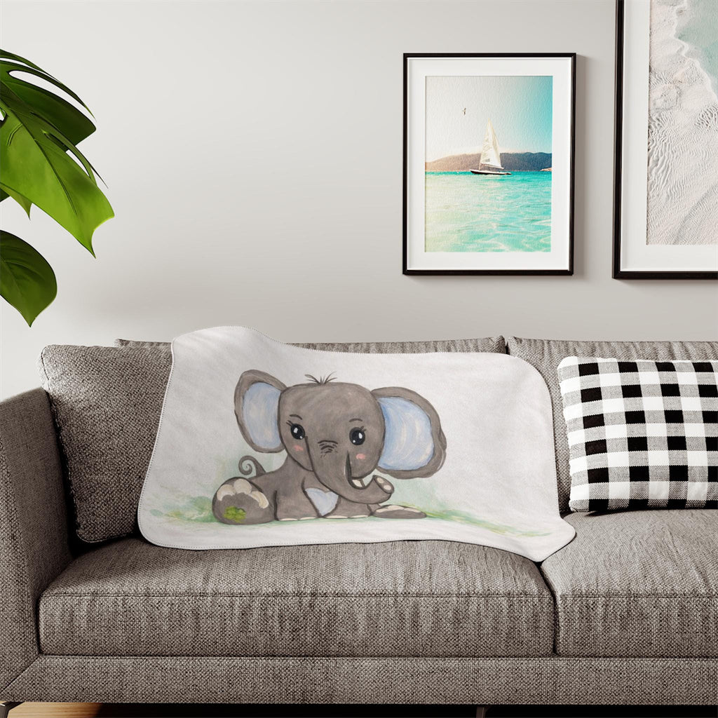 Cute Baby Elephant Sherpa Blanket | Nursery Animal, Soft Cozy Throw